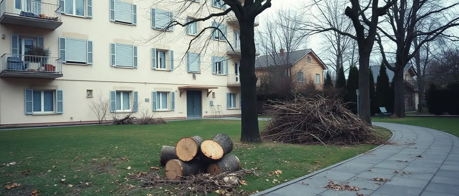 Il cortile di un condominio dopo un abbattimento, con i tronchi sezionati e le ramaglie accatastate sul prato.