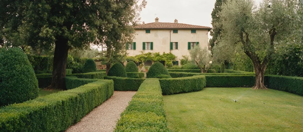 Un giardino privato con siepi di bosso squadrate, vialetto di ghiaia e prato davanti a una villa.