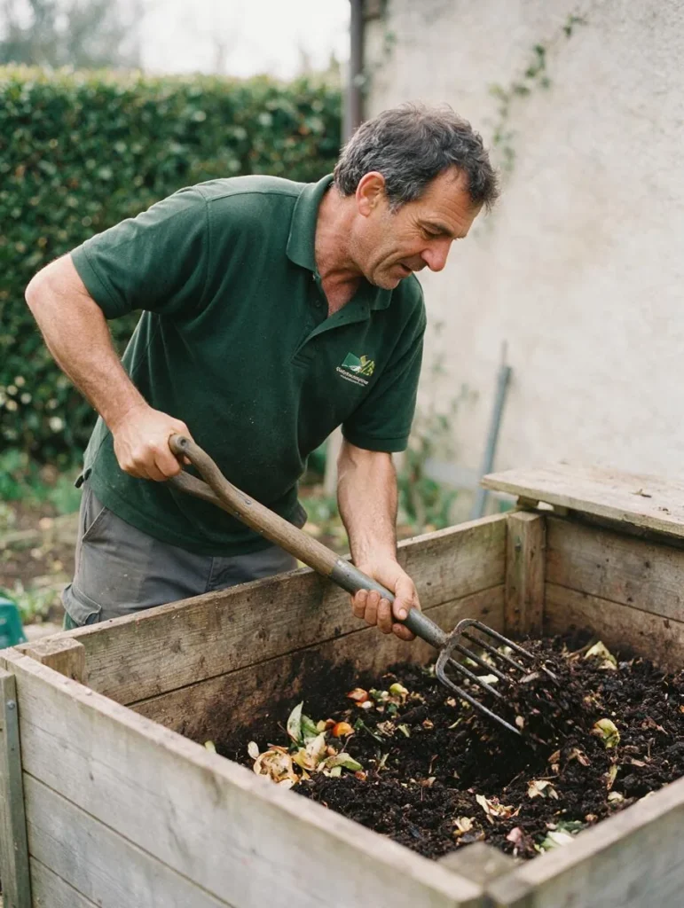 Un giardiniere rivolta il compost con il forcone dentro un cassone di legno.