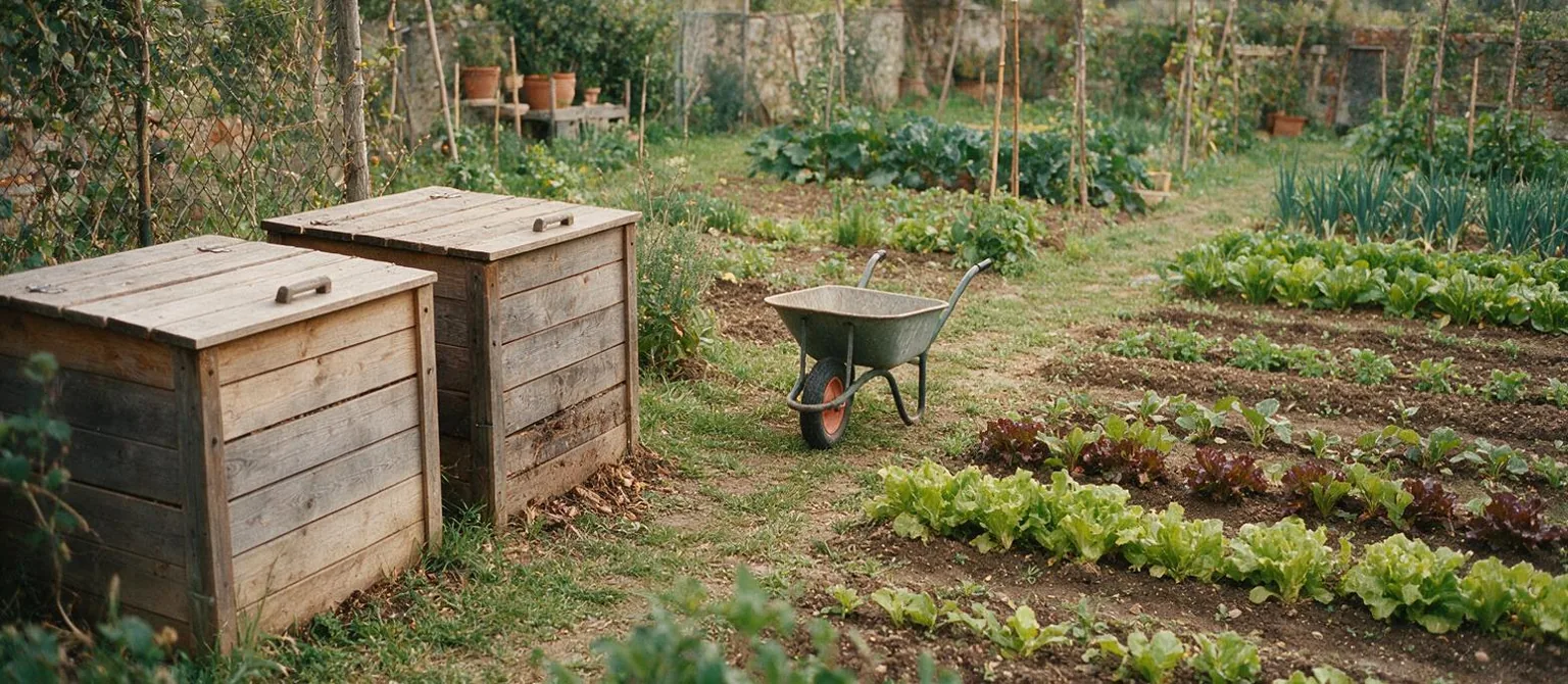 Un angolo di orto con due cassoni per il compost, una carriola e le file di ortaggi.