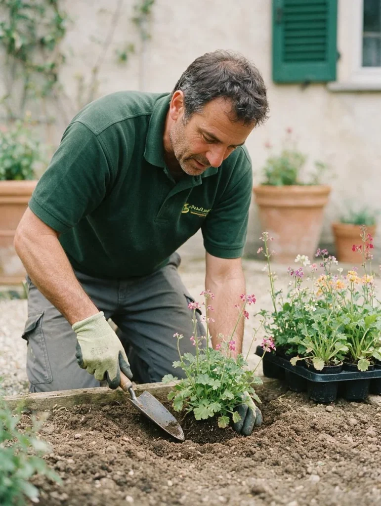 Un giardiniere mette a dimora piante fiorite in un'aiuola preparata, con il vassoio delle piantine accanto.