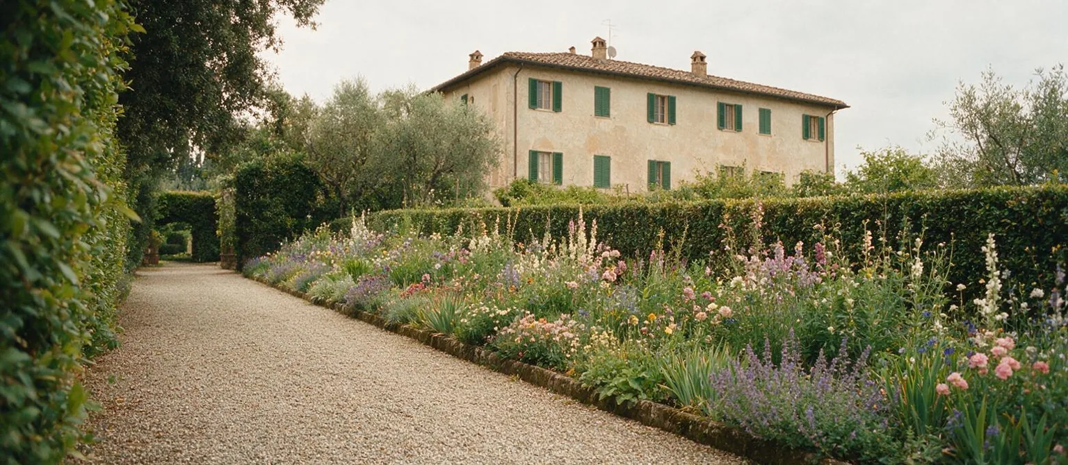 Una bordura fiorita lungo un vialetto di ghiaia in un giardino privato, con la siepe squadrata dietro.