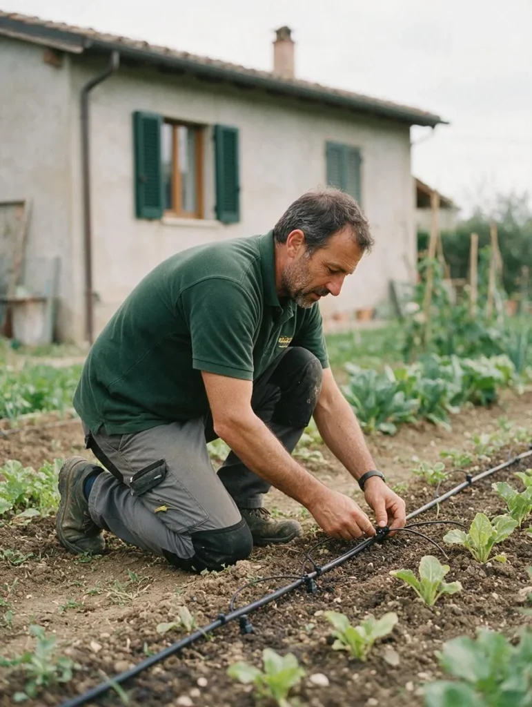 Un giardiniere inginocchiato regola un'ala gocciolante stesa lungo un'aiuola dell'orto.