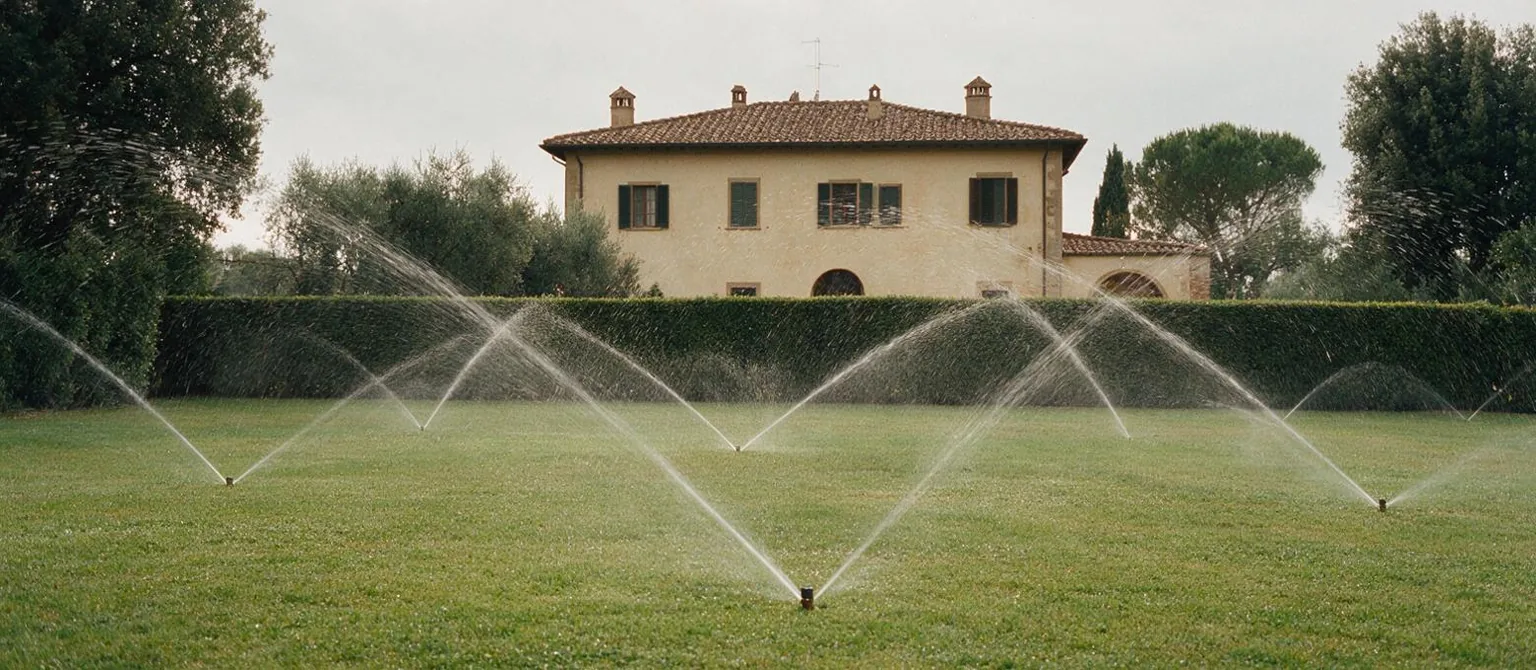 Gli irrigatori a scomparsa bagnano un prato, con i getti ad arco e la siepe sullo sfondo.