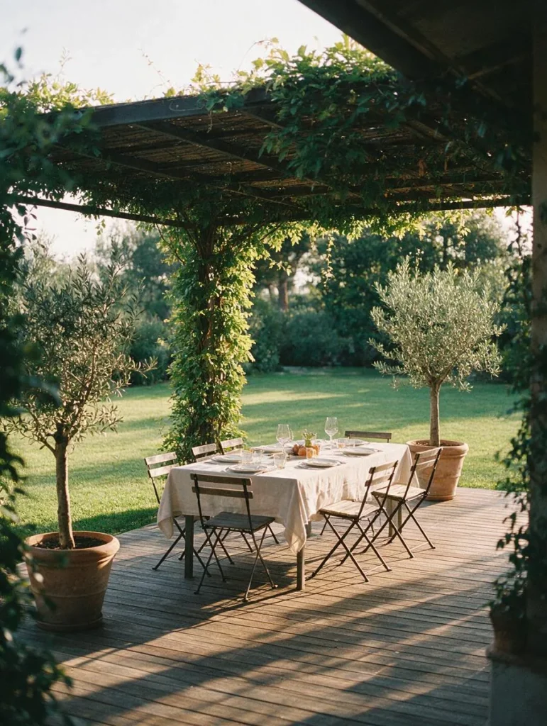 Una terrazza da giardino con pedana in legno, tavolo sotto il pergolato e olivi in vaso.