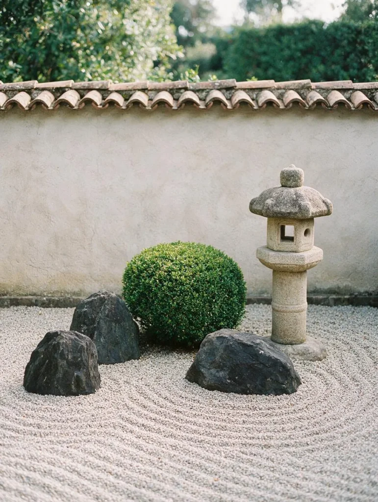 Un angolo di giardino con ghiaia rastrellata, tre pietre scure, un arbusto tondeggiante e una lanterna di pietra.