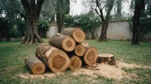Tronchi appena tagliati accatastati sull'erba, accanto al ceppo della pianta abbattuta.