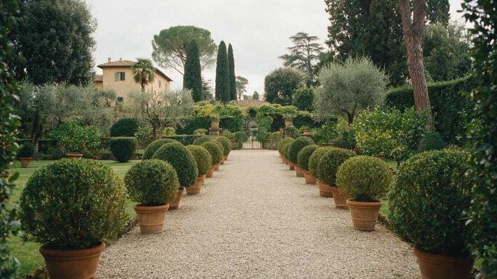 Un vialetto di ghiaia pulito fra due aiuole curate, in un giardino privato.