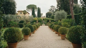 Un vialetto di ghiaia pulito fra due aiuole curate, in un giardino privato.