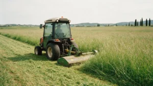 Un trattore con la trincia taglia l'erba alta di un campo, con la striscia gia' fatta alle spalle.