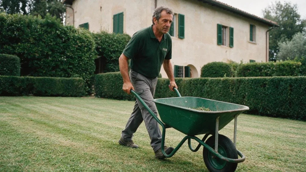 Un giardiniere spinge la carriola su un prato appena tagliato, davanti a una villa con le siepi squadrate.