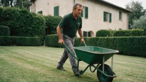 Un giardiniere spinge la carriola su un prato appena tagliato, davanti a una villa con le siepi squadrate.