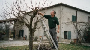 Un giardiniere sulla scala pota con la forbice i rami di un albero spoglio, in inverno.