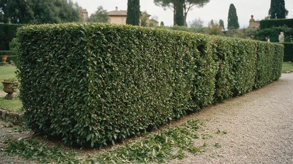 Una lunga siepe di lauro squadrata lungo un vialetto di ghiaia, con la faccia netta.