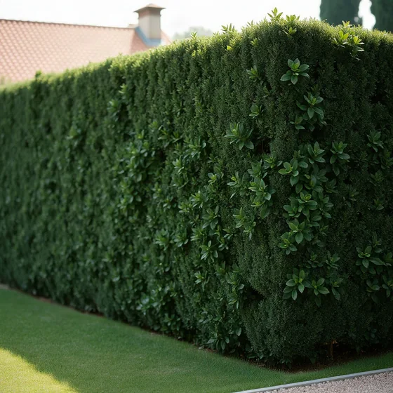 Siepe di lauro potata a squadro in un giardino, foglie sempreverdi larghe e lucide.