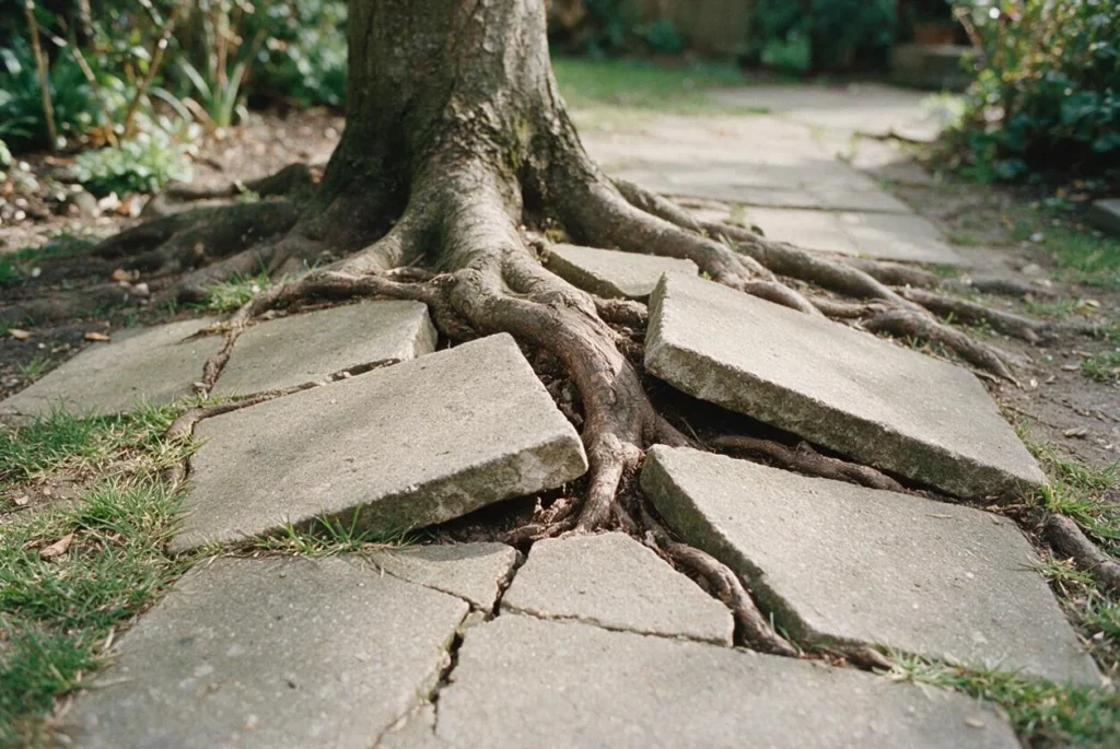 Le radici di un albero sollevano e spaccano le lastre di un vialetto da giardino.