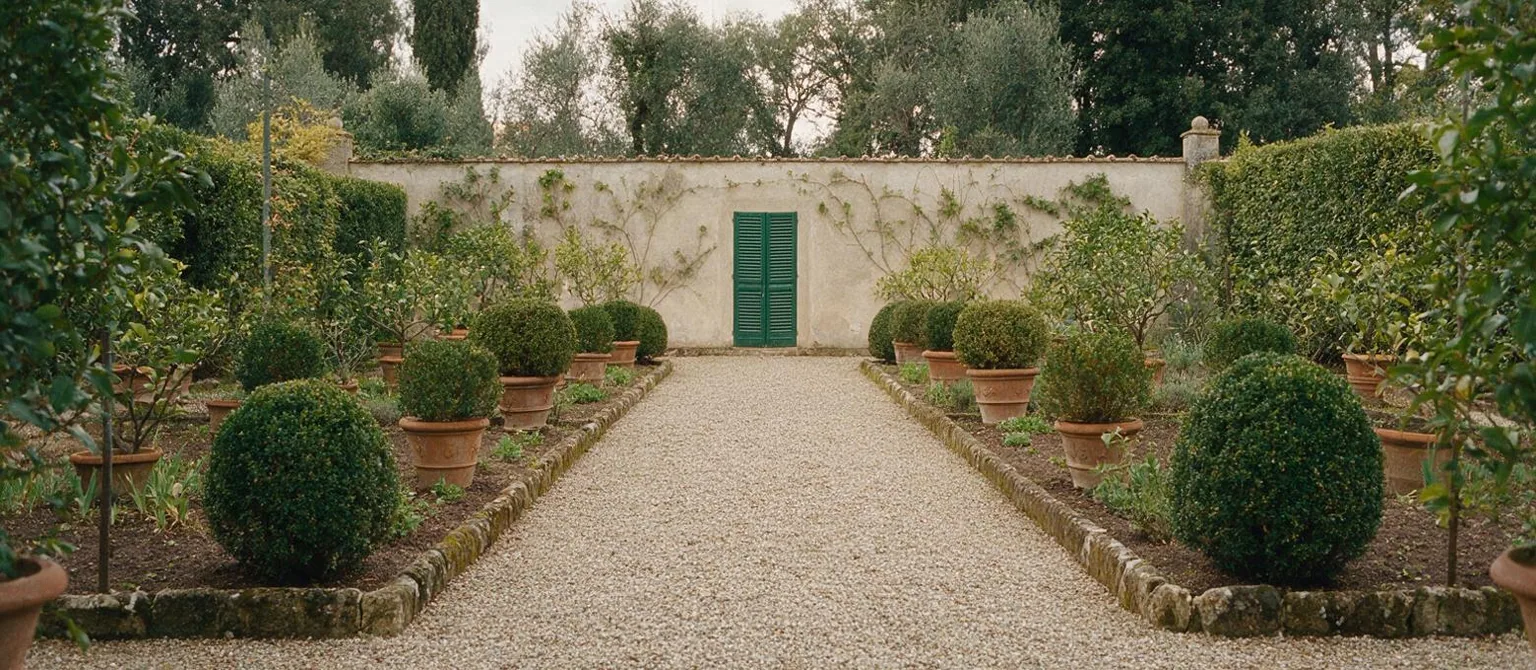 Un vialetto di ghiaia pulito fra due aiuole curate, in un giardino privato.