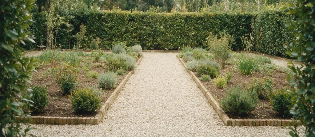 Un vialetto di ghiaia pulito fra due aiuole curate, in un giardino privato.