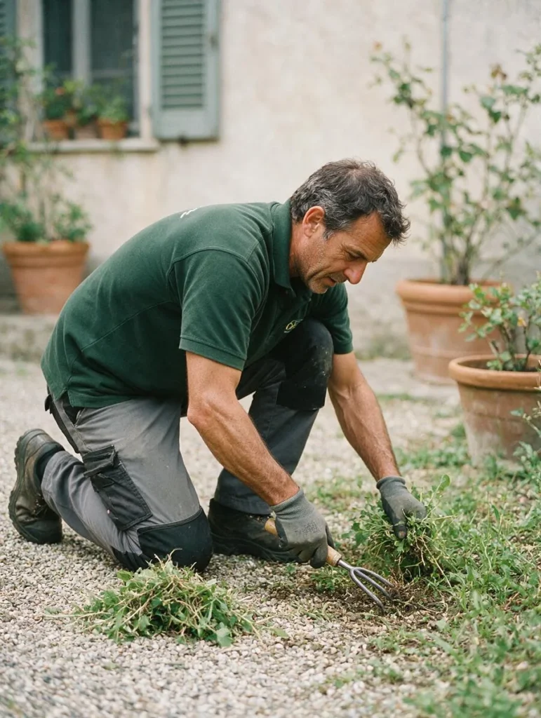 Un giardiniere inginocchiato estirpa le erbacce da un vialetto di ghiaia con un sarchiello a mano.