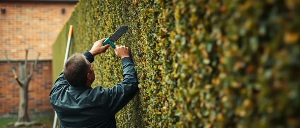 Giardiniere al lavoro che pota una siepe alta, visto di spalle