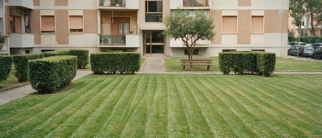 Il verde comune di un condominio con il prato tagliato a strisce, le siepi squadrate e una panchina sotto l'albero.