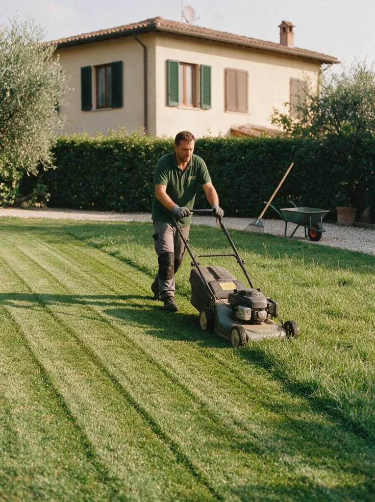 Un giardiniere spinge il rasaerba su un prato di casa tagliato a strisce, col rastrello e la carriola pronti sul vialetto.