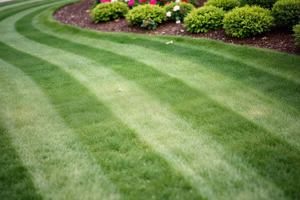 Un prato appena tagliato con le strisce curve del rasaerba e un'aiuola fiorita sul bordo.