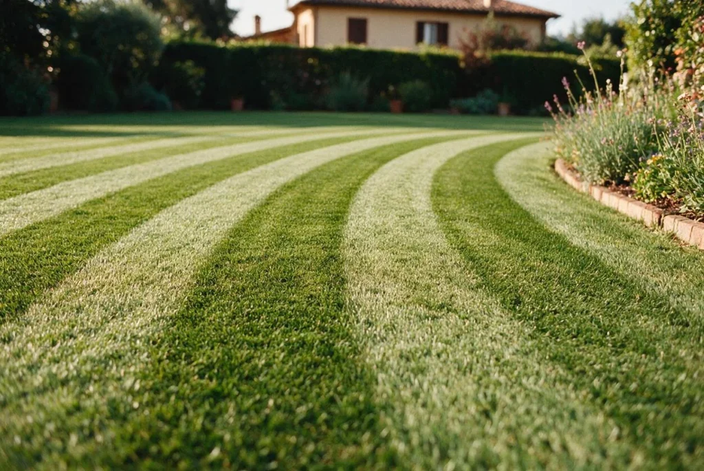 Un prato appena tagliato con le strisce curve del rasaerba e una bordura di lavanda sul bordo.