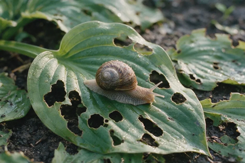 Una lumaca su una foglia di hosta bucata in piu' punti.