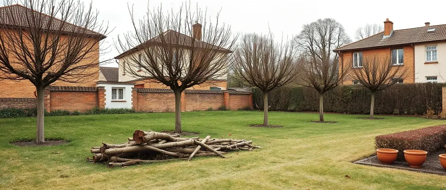 Un giardino di casa dopo la potatura invernale, con le chiome diradate e le ramaglie accatastate sul prato.