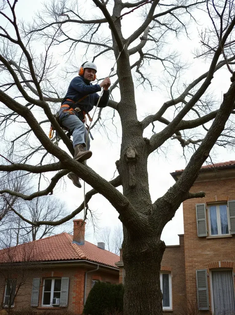 Un potatore imbracato lavora nella chioma di un albero spoglio, con casco, cuffie e corda di sicurezza.
