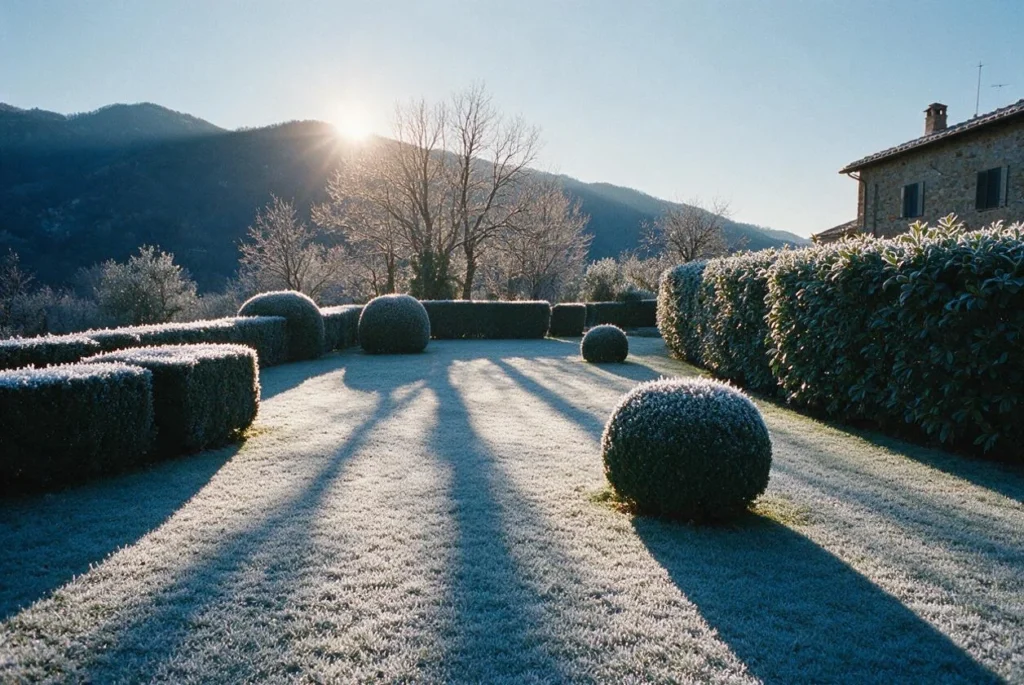 Prato e siepi coperti dalla brina del mattino in un giardino di montagna, col sole appena sopra la cresta.