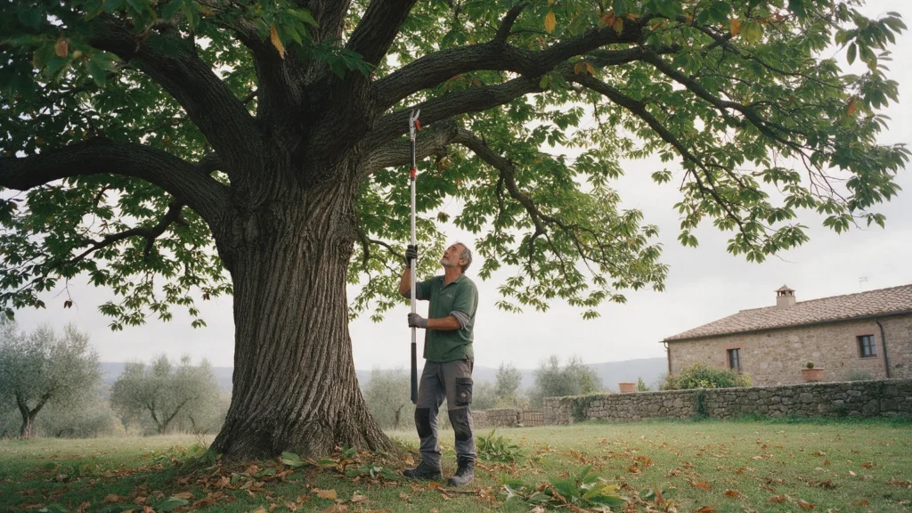 Un giardiniere alleggerisce con lo svettatoio i rami bassi di un vecchio castagno accanto a una casa di sasso.