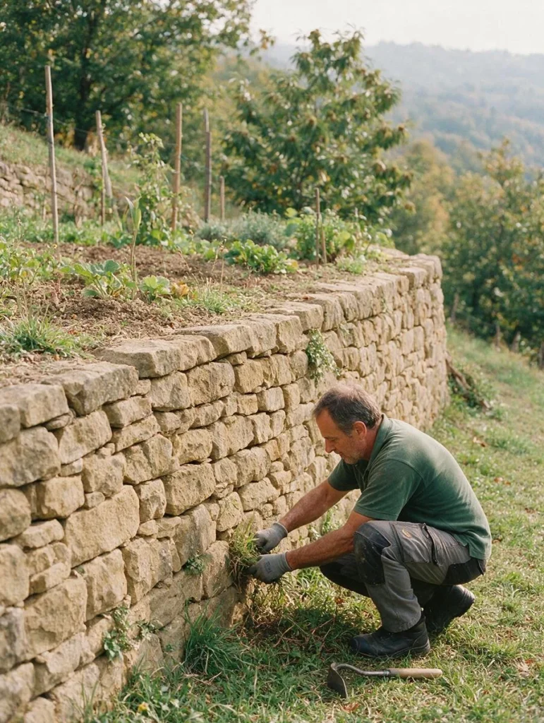 Un giardiniere ripulisce a mano le erbe fra le pietre ai piedi di un muretto a secco, in un giardino terrazzato di montagna.
