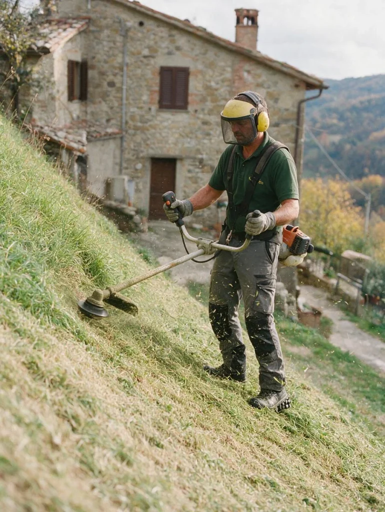 Un giardiniere taglia l'erba col decespugliatore su un pendio ripido accanto a una casa di sasso, con cuffie e visiera abbassata.