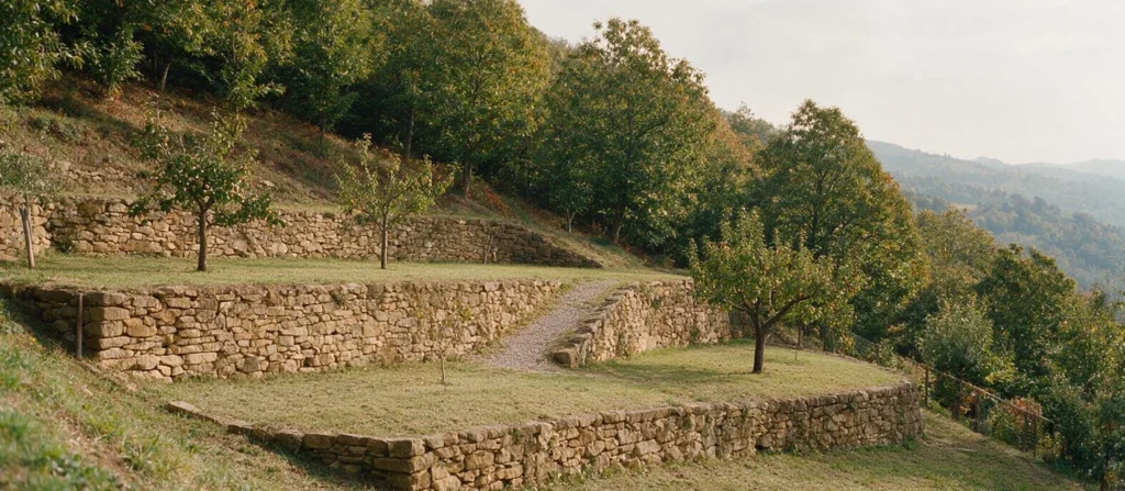 Un giardino terrazzato su tre livelli con muretti a secco su un versante dell'Appennino, con qualche albero da frutto e il sentiero fra le fasce.