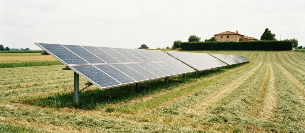 Un'area erbosa attorno a file di pannelli fotovoltaici, tagliata a strisce regolari.