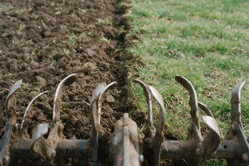 Le zappette di una fresatrice sporche di terra, fra il terreno gia' lavorato e l'erba ancora intatta.