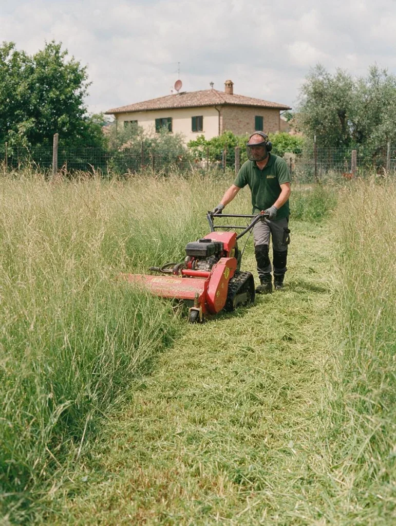 Un operatore apre una striscia nell'erba alta con una trinciatrice semovente, in un terreno lasciato indietro.