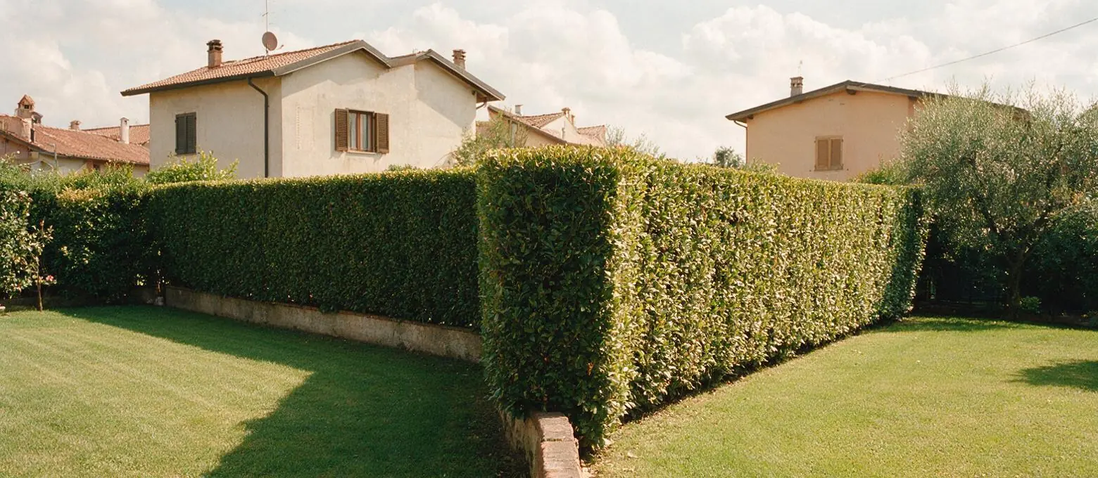 Una siepe che segna il confine fra due giardini, tagliata alla stessa altezza per tutta la sua lunghezza.