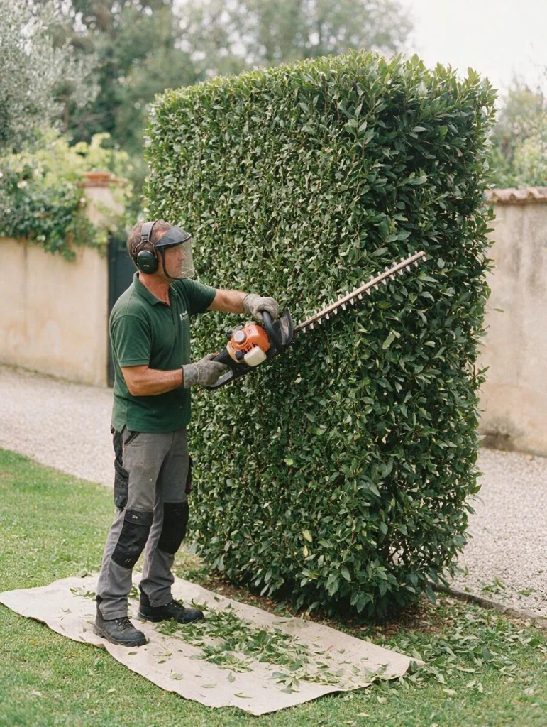Un giardiniere squadra il fianco di una siepe di lauro col tagliasiepi, con cuffie e visiera, e i tagli raccolti sul telo.