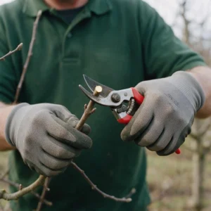 Le mani guantate di un giardiniere chiudono le cesoie su un ramo sottile, appena sopra una gemma.