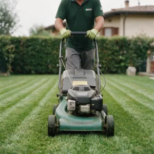Un giardiniere spinge il rasaerba su un prato di casa gia' tagliato a strisce.