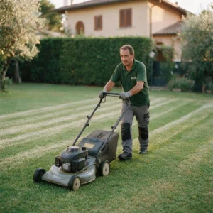 Un giardiniere spinge il rasaerba su un prato di casa, con le strisce del taglio dietro di lui.