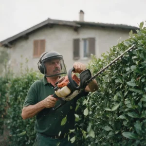 Un giardiniere squadra una siepe di lauro col tagliasiepi, con cuffie e visiera.