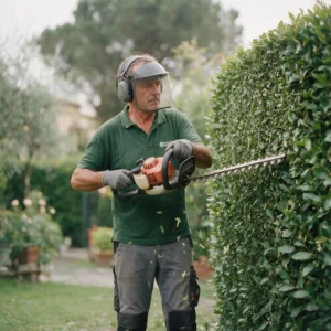Un giardiniere squadra la faccia di una siepe di lauro col tagliasiepi, con cuffie e visiera abbassata.
