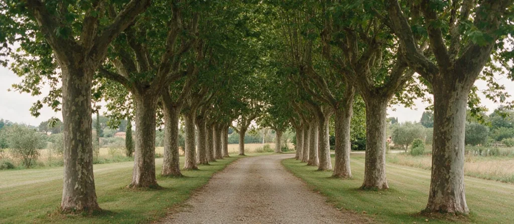 Un filare di platani maturi lungo un viale privato, con le chiome che si toccano sopra la strada.