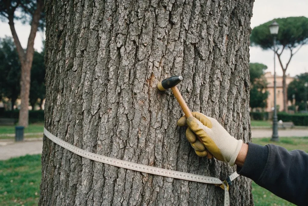 Una mano con il guanto batte il martelletto sul tronco di un grande albero, con il metro appoggiato alla corteccia.